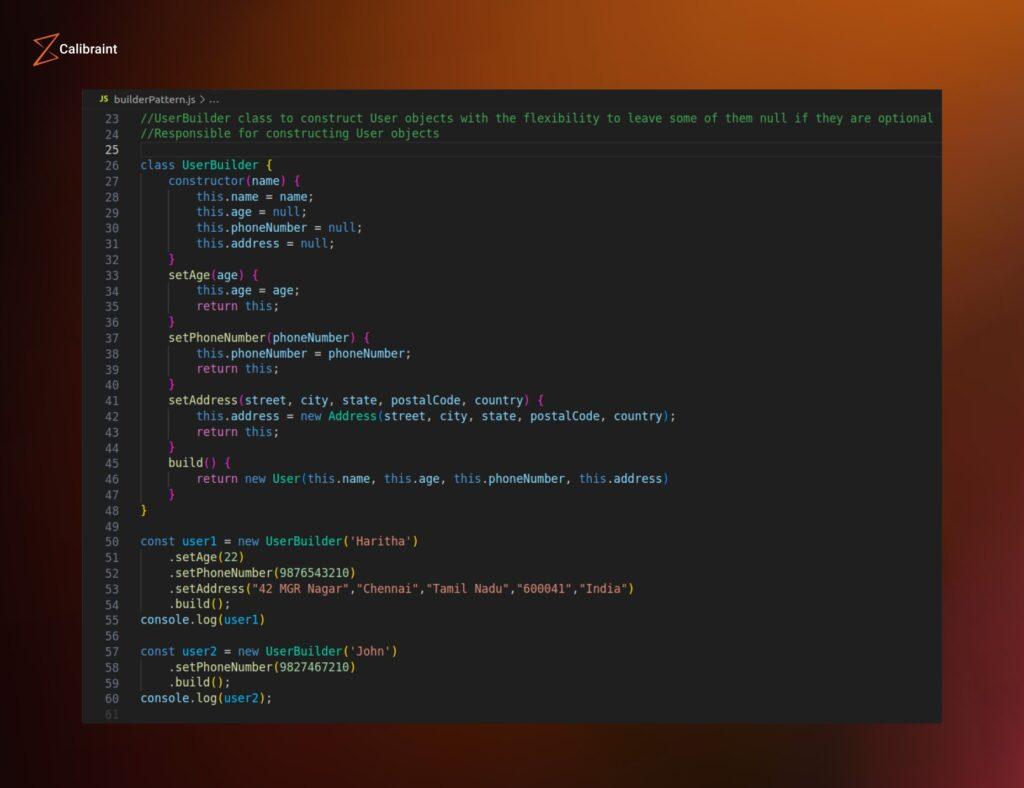 Code snippet illustrating the Builder Pattern in a Node.js application for readable and flexible object construction