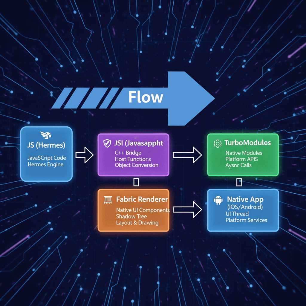 Diagram illustrating the React Native new architecture flow, featuring Fabric, TurboModules, and JSI for enhanced performance and integration.