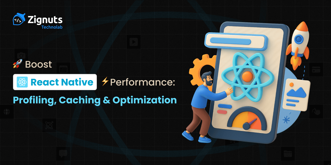 Illustration showing a speedometer with charts and the text 'Boost React Native Performance', symbolizing the optimization of React Native apps through profiling and caching for improved speed and efficiency using native modules.