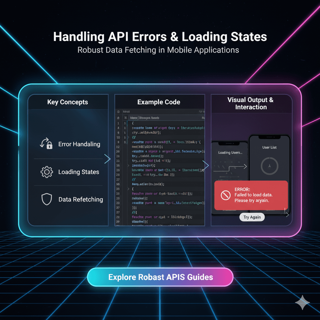 React Native application interface demonstrating robust API error handling and dynamic loading states, reflecting attention to user experience details