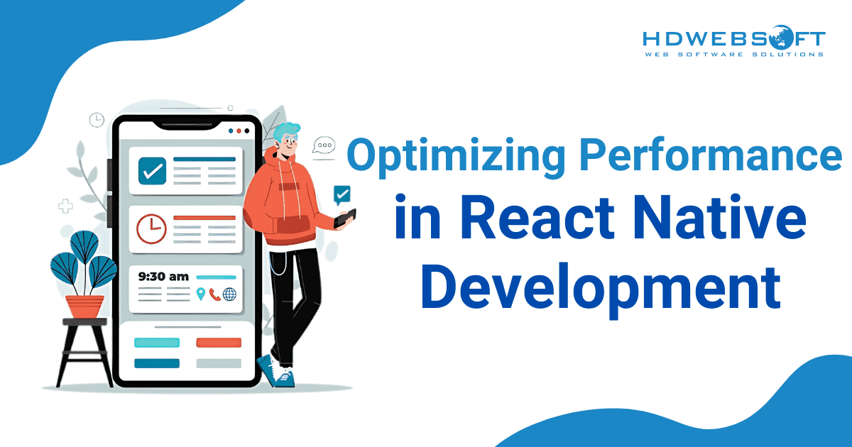 A visual representation of optimizing performance in React Native development, showing a mobile phone with code, speed indicators, and efficiency graphs, emphasizing fast loading and smooth user experience.