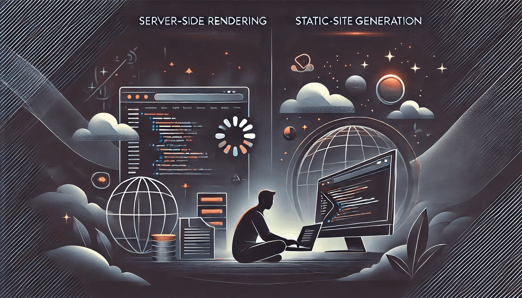 Diagram illustrating and comparing Server-Side Rendering (SSR) and Static Site Generation (SSG) strategies for React applications, emphasizing performance and SEO benefits