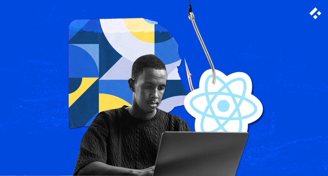 Illustration depicting React Hooks for optimizing functional components and managing lifecycle, with the React logo and code elements