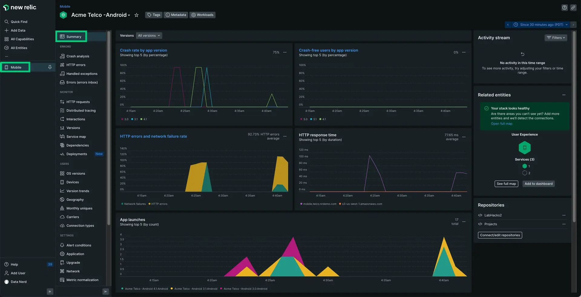 A detailed New Relic dashboard displaying performance metrics, errors, and overall health for React Native mobile applications in a production environment.